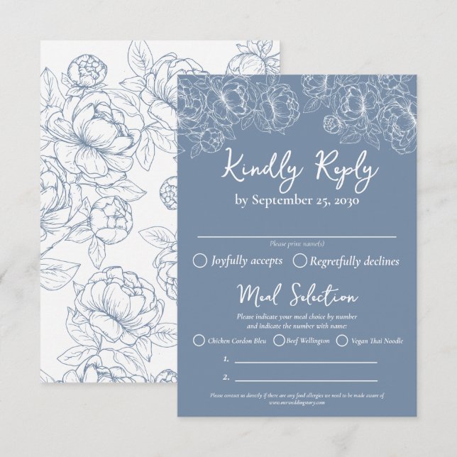 Cartons Réponse Boho Periwinkle Blue Floral Mariage Options de rep (Devant / Derrière)