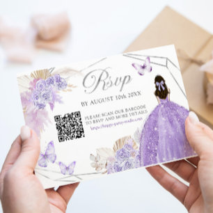 Cartons Réponse Boho Purple Silver Floral Butterfly Quinceañera QR