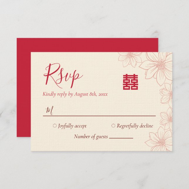 Cartons Réponse Boho rouge et beige floral mariage chinois (Devant / Derrière)