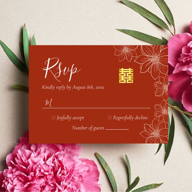 Cartons Réponse Boho rouge moderne floral mariage chinois (Créateur téléchargé)
