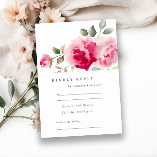 Cartons Réponse Boho Rouge Rose Fleurs Mariage d'aquarelle