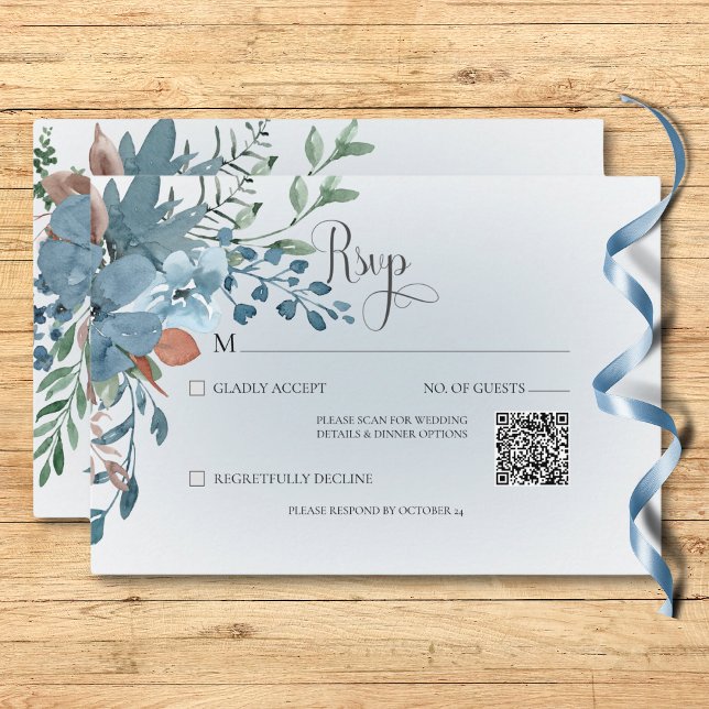 Cartons Réponse Boho Rust & Blue Floral Mariage Blanc QR Code (Boho Rust & Blue Floral Wedding White QR Code RSVP Card)