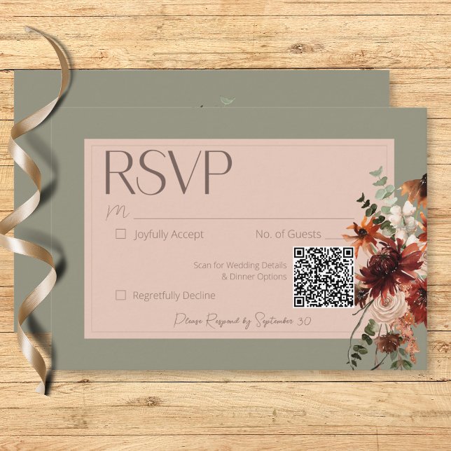 Cartons Réponse Boho Rust & Chute Neutre Floral Sage Mariage vert (Boho Rust & Neutral Fall Floral Sage Green Wedding RSVP Card)