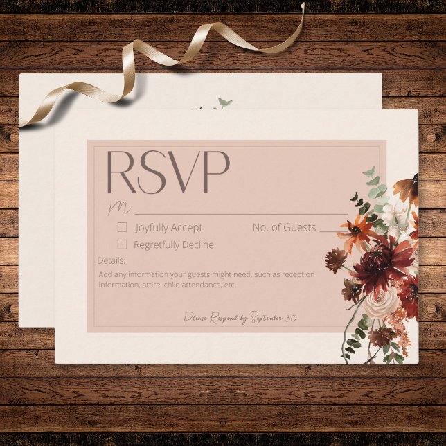 Cartons Réponse Boho Rust & Crème Fall Floral Pas de dîner (Boho Rust & Cream Fall Floral No Dinner RSVP Card)
