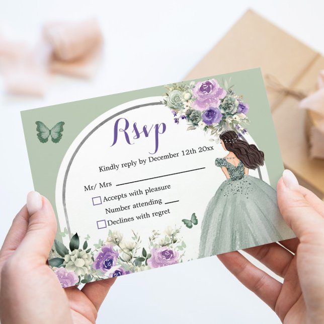 Cartons Réponse Boho Sage Green Lilac Floral Princesse XV Años RSV (Créateur téléchargé)