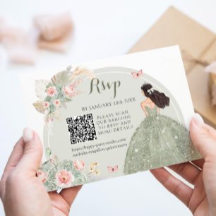Cartons Réponse Boho Sage Vert Blush Rose Royal Quinceañera QR
