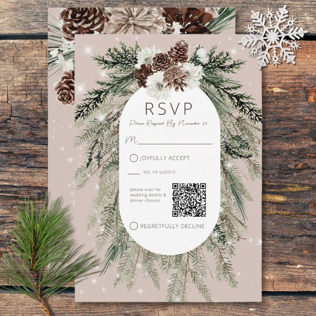 Cartons Réponse Boho Tan Pine Winter Sparkle QR Code (Boho Tan Pine Winter Sparkle QR Code RSVP Card)
