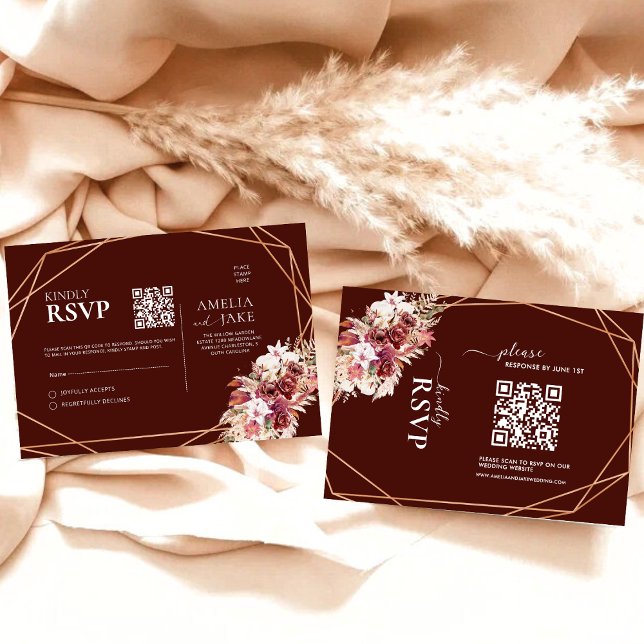 Cartons Réponse Boho Terracotta & Burgundy Floral QR Code Wedding  (Créateur téléchargé)