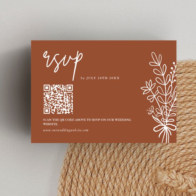Cartons Réponse Boho Terracotta Orange Brûlé Code QR de Mariage (Boho terracotta QR code RSVP card simplifies guest replies with warm rustic charm.)