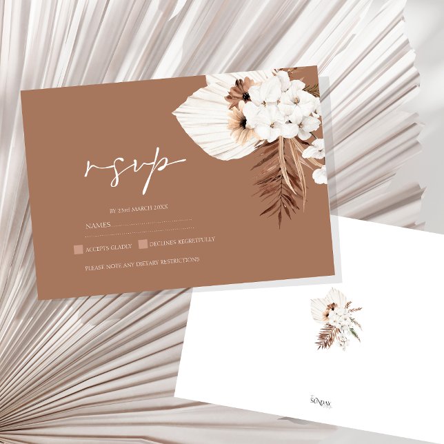 Cartons Réponse Boho Terracotta Pampas Brown Mariage Floral Grass (Boho Terracotta Brown Pampas Grass Floral Wedding RSVP Card)