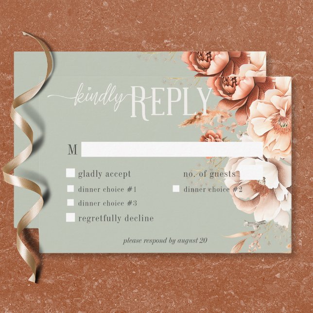 Cartons Réponse Boho Terracotta Pêche & Crème Floral Vert Dîner (Boho Terracotta Peach Cream Floral Green Dinner RSVP Card)