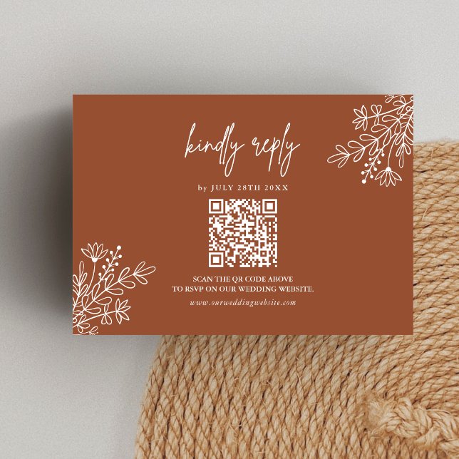 Cartons Réponse Boho Terracotta Répondre aimablement Code QR de ma (Boho terracotta QR code RSVP card makes replies easy while adding warm rustic charm.)