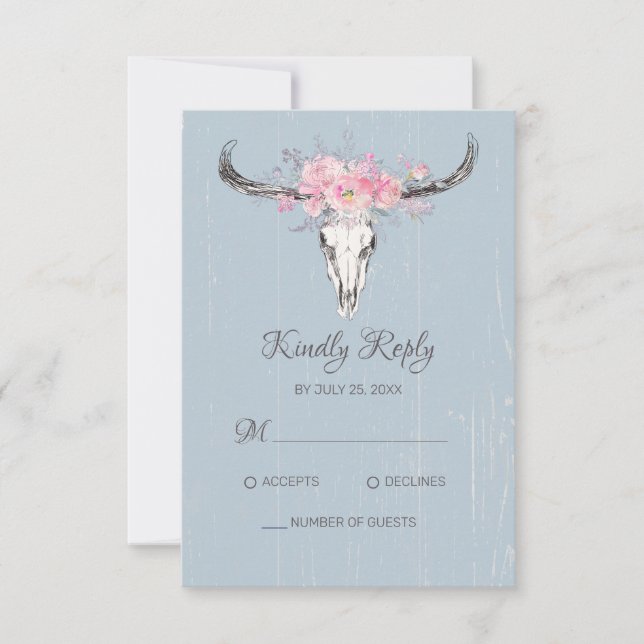 Cartons Réponse Boho Vache Crâne Floral Blush Aquarelle rose Bleu (Devant)