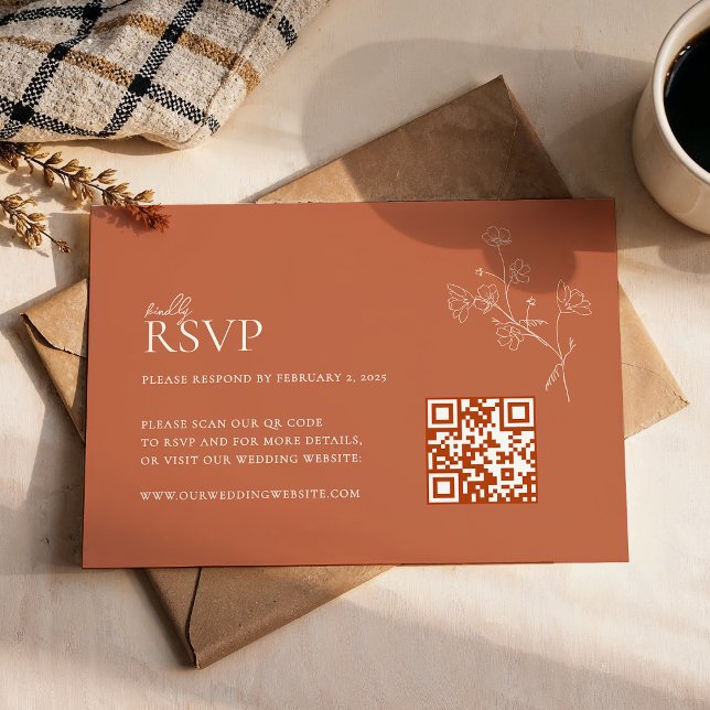 Cartons Réponse Boho Warm Sienna Terracotta Floral Qr Code Mariage (Créateur téléchargé)