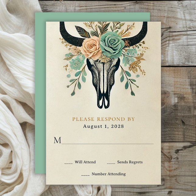 Cartons Réponse Boho Western Floral Bull Cow Mariage crâne (Boho Floral Bull Skull Wedding RSVP Card)
