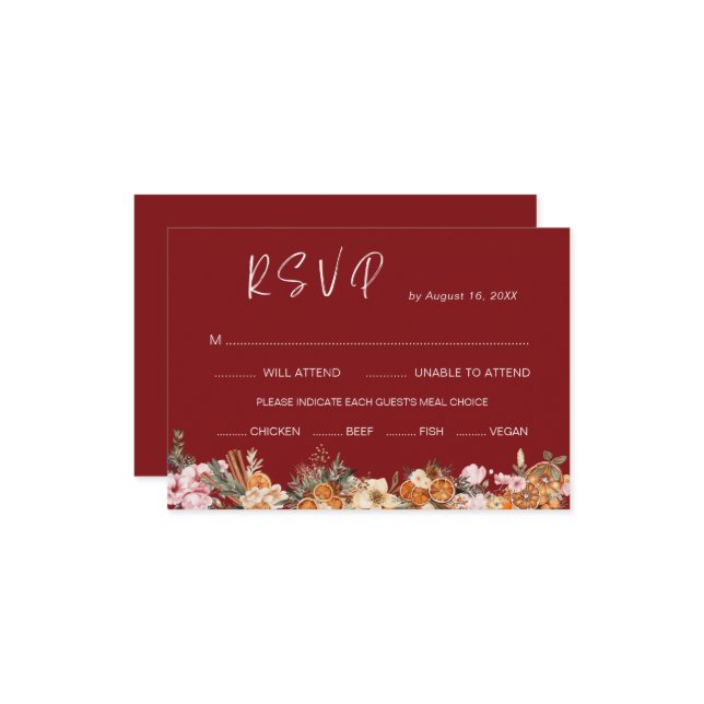 Cartons Réponse Boho Winter Holiday Burgundy Mariage QR Code (Devant/Arrière en situation)