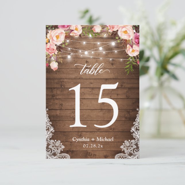 Cartons Réponse Bois Chaîne Lumières Floral Mariage Numéro de tabl (Debout devant)