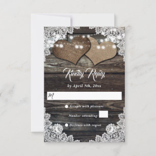 Cartons Réponse Bois rustique Coeurs de campagne Mariage de dentel