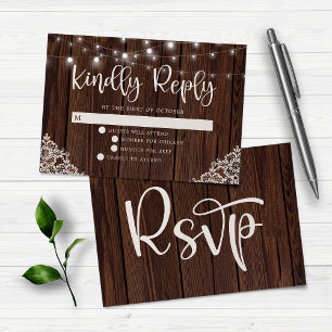 Cartons Réponse Bois rustique et lumières à cordes Mariage dentell