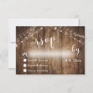 Cartons Réponse Bois rustique et lumières avec calligraphie Mariag