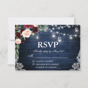 Cartons Réponse Bois rustique Mariage jarres Bleu Bourgogne Floral