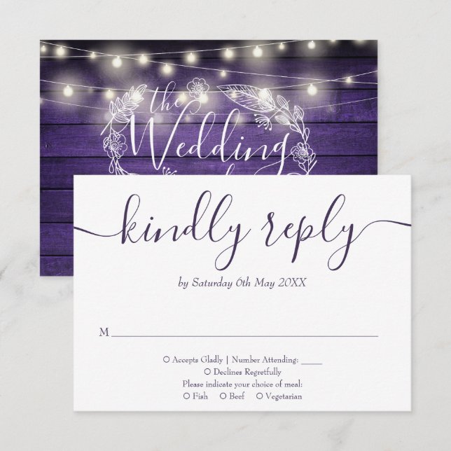 Cartons Réponse Bois violet rustique éclaire le script floral (Devant / Derrière)
