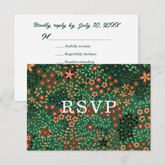 Cartons Réponse Bold Dark Green Red Floral Textile Wedding Meal (Devant / Derrière)