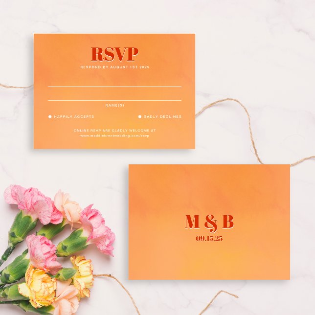 Cartons Réponse Bold Orange Watercolor Sunset Monogram Wedding (Créateur téléchargé)