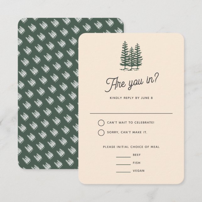 Cartons Réponse Bold Retro Green Mountain Forest Mariage (Devant / Derrière)