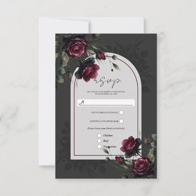 Cartons Réponse Bordeaux Red Roses Shadowy Grey Floral Mariage (Devant)