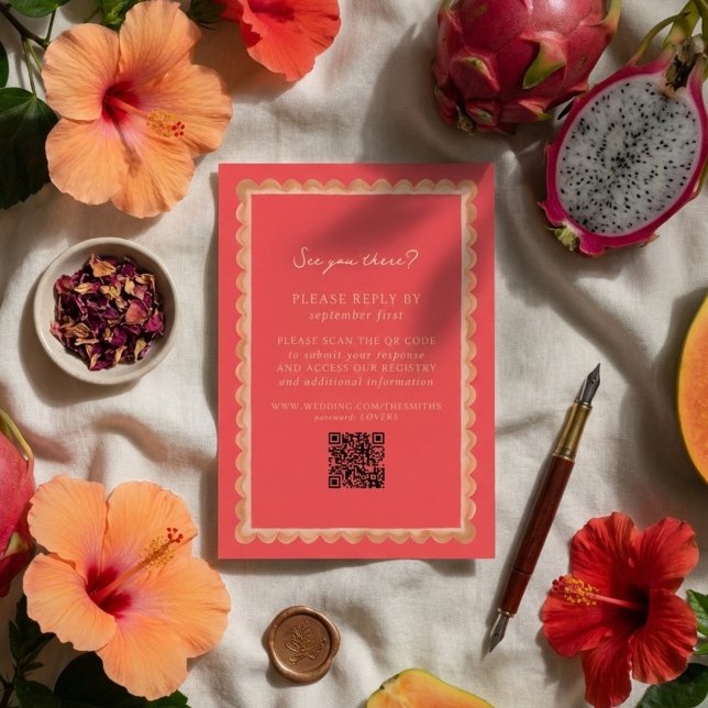 Cartons Réponse Bordure de Coquille Saint-Jacques Tropicale Rose Q (Invite guests to your destination wedding day with this Tropical Scallop Border Pink QR RSVP!)
