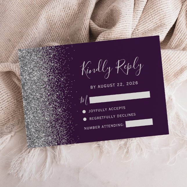Cartons Réponse Bordure moderne en faux strass violet foncé argent (Créateur téléchargé)