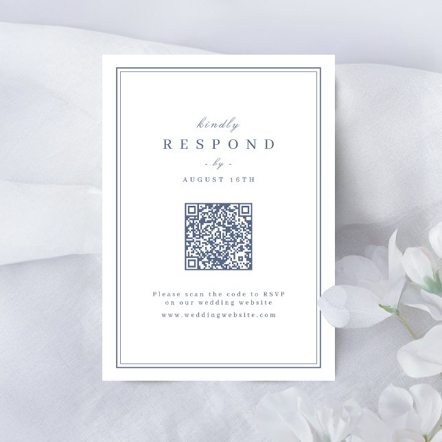 Cartons Réponse Bordures élégantes bleues or classe code QR mariag (Blue Elegant borders gold classy QR code wedding RSVP Card)