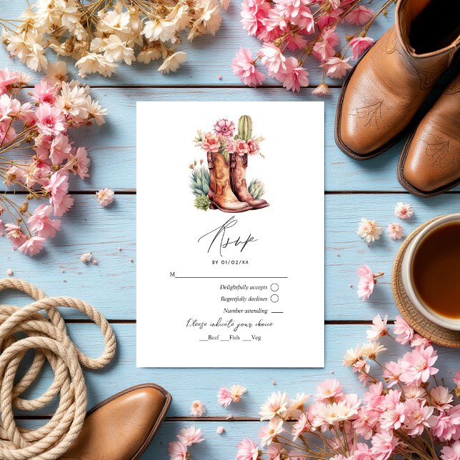 Cartons Réponse Bottes rustiques Cowboy et Mariage floral Saddle (Rustic Cowboy Boots and Saddle Floral Wedding RSVP Card)