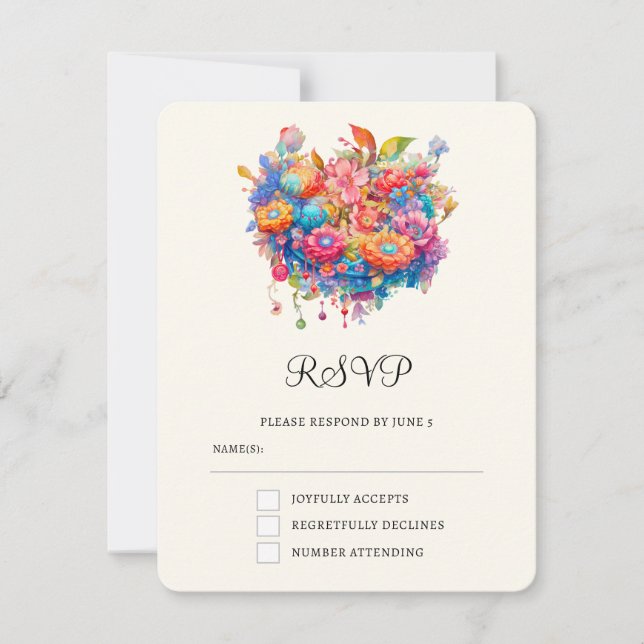 Cartons Réponse Bouquet de fleurs d'été Mariage de bouho Whimsical (Devant)
