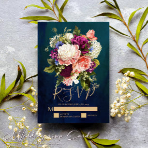 Cartons Réponse Bouquet floral romantique Emerald Green Mariage or