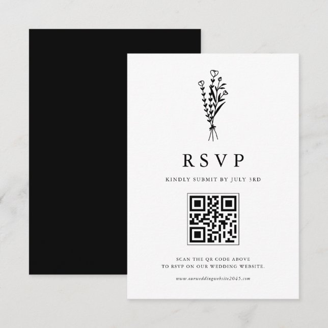 Cartons Réponse Bouquet minimal noir Mariage de code QR (Devant / Derrière)