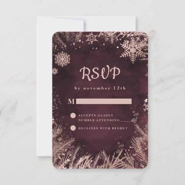 Cartons Réponse Bourgogne avec Rose Gold Winter Snowflakes Mariage (Devant)