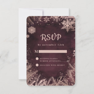 Cartons Réponse Bourgogne avec Rose Gold Winter Snowflakes Mariage