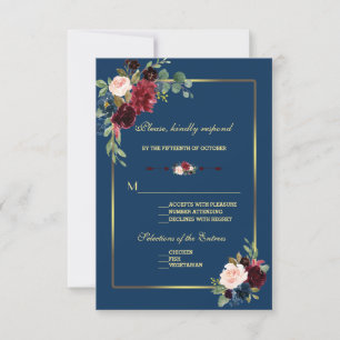 Cartons Réponse Bourgogne Bleu Nuit Floral Mariage Doré