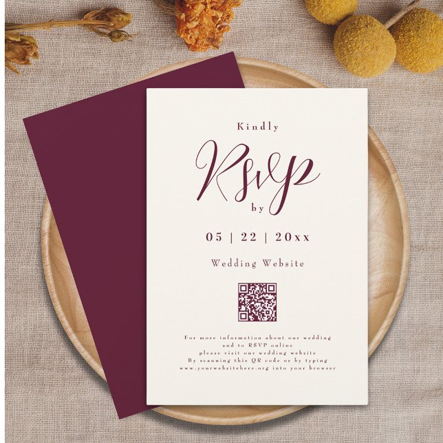 Cartons Réponse Bourgogne Crème Élégant Code QR Mariage (Burgundy and cream ivory elegant script qr code wedding rsvp card)