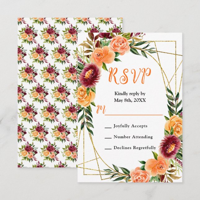 Cartons Réponse Bourgogne d'automne et fleurs orange (Devant / Derrière)