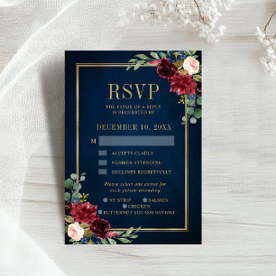 Cartons Réponse Bourgogne Floral Gold Frame Marine Blue Wedding RS