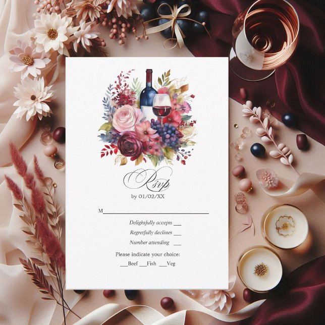 Cartons Réponse Bourgogne, Marine & Blush Floral Vin Mariage à thè (Burgundy, Navy and Blush Floral Wine-Themed Wedding RSVP Card)