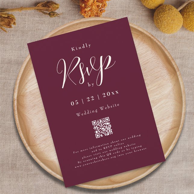 Cartons Réponse Bourgogne Moderne Élégant Code QR Mariage (Burgundy and cream ivory elegant script qr code wedding rsvp card)