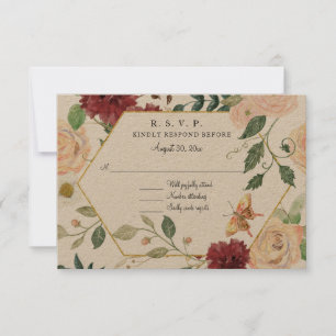 Cartons Réponse Bourgogne Rustique Rosé Floral Aquarelle Kraft RSV