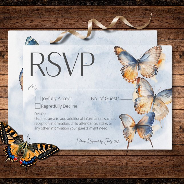 Cartons Réponse Bouteilles d'aquarelle bleu moderne No Dinner (Modern Blue Rust Watercolor Butterflies No Dinner RSVP Card)