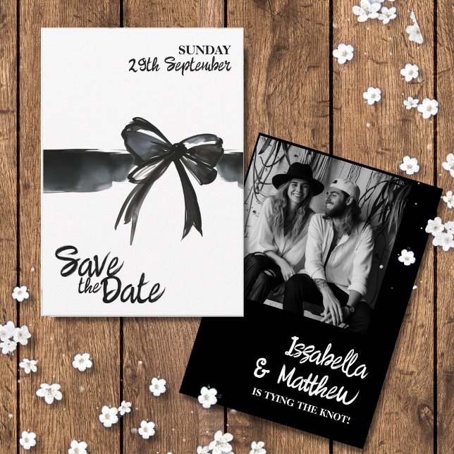 Cartons Réponse Bow blanc noir moderne Mariage simple (save the date cards with Watercolor bow black white for elegant modern simple wedding photo custom )