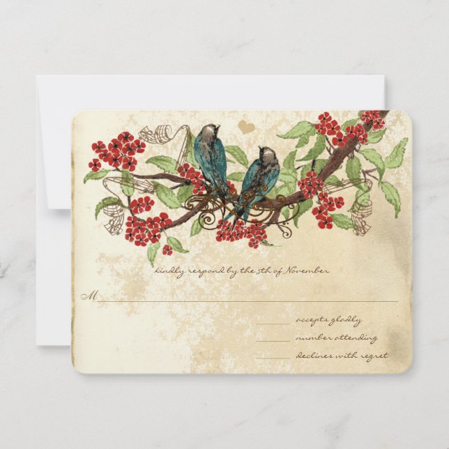 Cartons Réponse Branche de fleurs rouges Mariage vintage oiseaux R (Devant)
