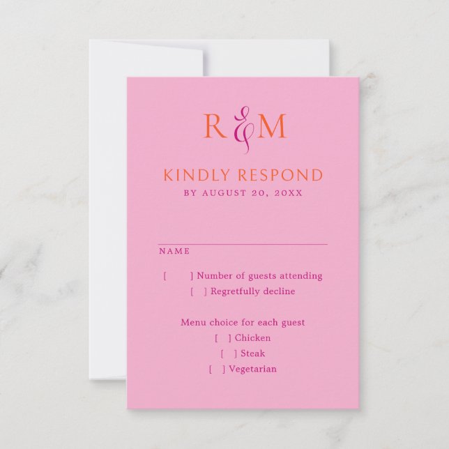 Cartons Réponse Bright Magenta Orange Simple Monogramme Mariage RS (Devant)